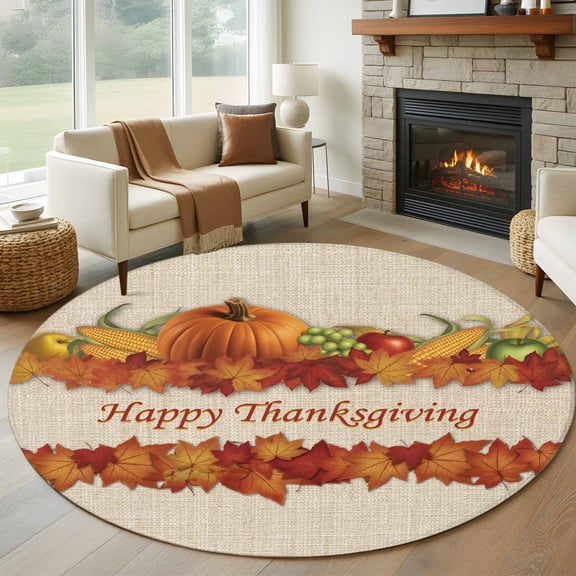 Round Area Rug 8 Ft, Fall Pumpkins Washable Non-Slip Circle Carpet for Living Room/Bedroom, Thanksgiving Maple Leaf Autumn Country Harvest Collection Low-Profile Large Area Rugs for Indoor