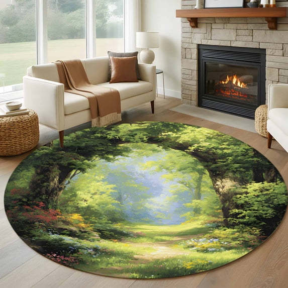 Round Area Rug 8 Ft, Forest Washable Non-Slip Circle Carpet for Living Room/Bedroom, Nature Woodland Spring Scenic Green Trees Flower Collection Low-Profile Large Area Rugs for Indoor