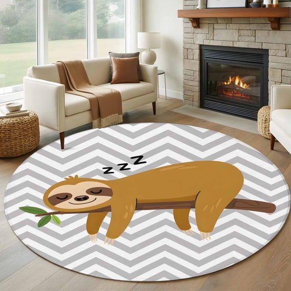 Round Area Rug 8 Ft, Funny Sloth Washable Non-Slip Circle Carpet for Living Room/Bedroom, Cute Watercolor Animals on Branch Grey Stripe Collection Low-Profile Large Area Rugs for Indoor