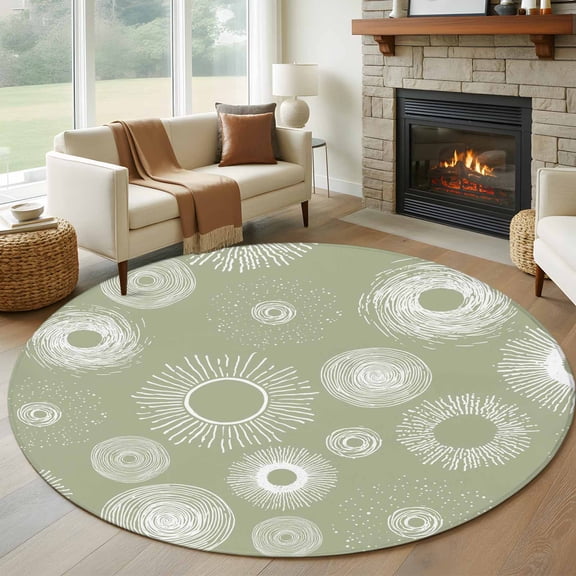 Round Area Rug 8 Ft, Geometric Washable Non-Slip Circle Carpet for Living Room/Bedroom, Abstract Sage Green White Boho Circle Dot Collection Low-Profile Large Area Rugs for Indoor