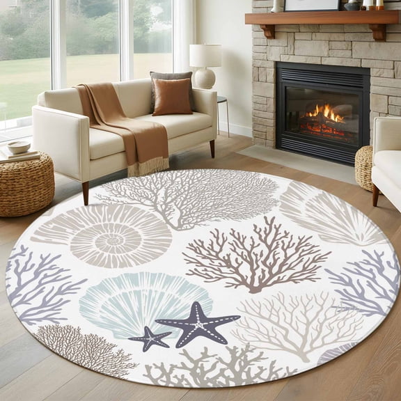 Round Area Rug 8 Ft, Gray Shell Coral Washable Non-Slip Circle Carpet for Living Room/Bedroom, Coastal Summer Beach Nautical Ocean Collection Low-Profile Large Area Rugs for Indoor