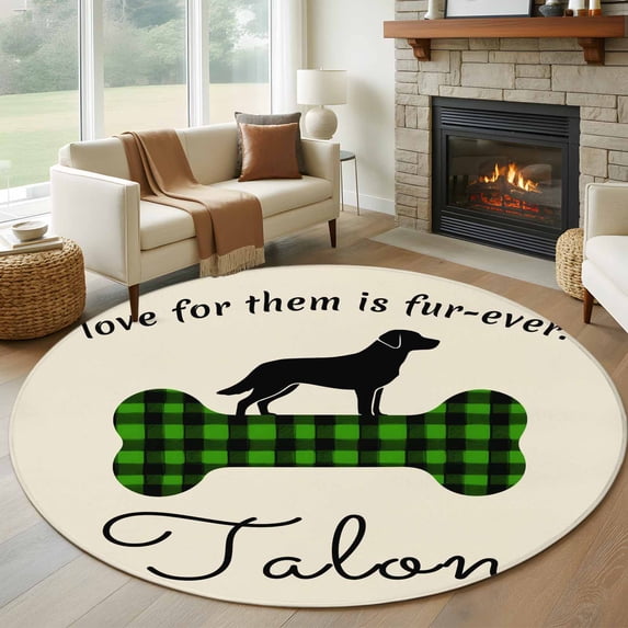 Round Area Rug 8 Ft, Green Black Buffalo Checkered Washable Non-Slip Circle Carpet for Living Room/Bedroom, Bones Cute Dogs Pets Collection Low-Profile Large Area Rugs for Indoor