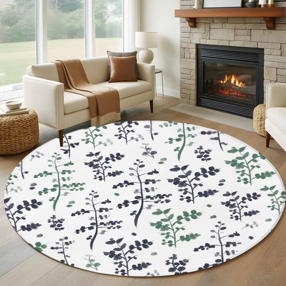 Round Area Rug 8 Ft, Green Grey Botanical Washable Non-Slip Circle Carpet for Living Room/Bedroom, Watercolor Spring Floral Summer Leaf Collection Low-Profile Large Area Rugs for Indoor