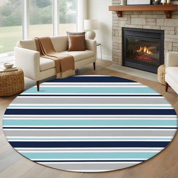 Round Area Rug 8 Ft, Grey Blue Striped Washable Non-Slip Circle Carpet for Living Room/Bedroom, Farmhouse Stripes Abstract Art Navy Blue Collection Low-Profile Large Area Rugs for Indoor