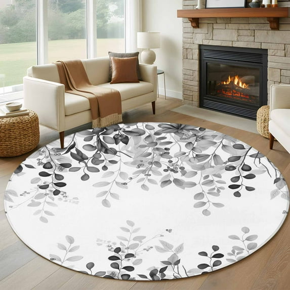 Round Area Rug 8 Ft, Grey Washable Non-Slip Circle Carpet for Living Room/Bedroom, Eucalyptus Leaves Collection Low-Profile Large Area Rugs for Indoor