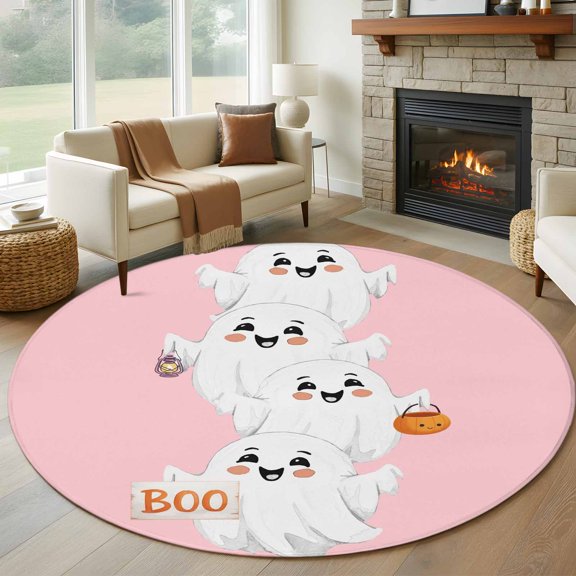 Round Area Rug 8 Ft, Halloween Washable Non-Slip Circle Carpet for Living Room/Bedroom, Cartoon Cute Ghost Fall Pumpkins Collection Low-Profile Large Area Rugs for Indoor