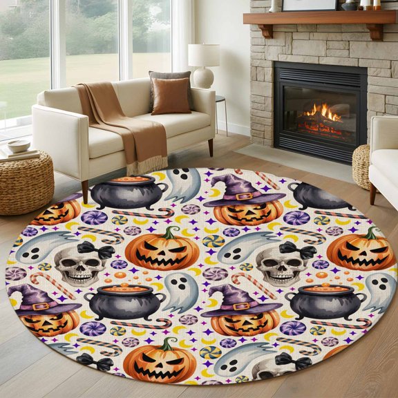Round Area Rug 8 Ft, Halloween Washable Non-Slip Circle Carpet for Living Room/Bedroom, Cute Ghost Candy Pumpkin Stars Skeleton Collection Low-Profile Large Area Rugs for Indoor