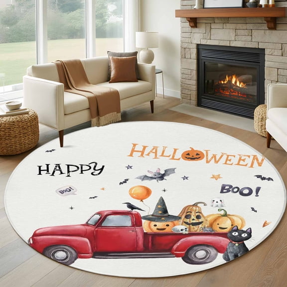 Round Area Rug 8 Ft, Happy Halloween Washable Non-Slip Circle Carpet for Living Room/Bedroom, Funny Truck Pumpkin Black Cat BOO Collection Low-Profile Large Area Rugs for Indoor