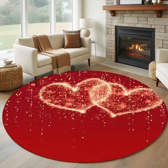 Round Area Rug 8 Ft, Happy Valentine's Day Washable Non-Slip Circle Carpet for Living Room/Bedroom, Red Shining Love Heart Romantic Collection Low-Profile Large Area Rugs for Indoor