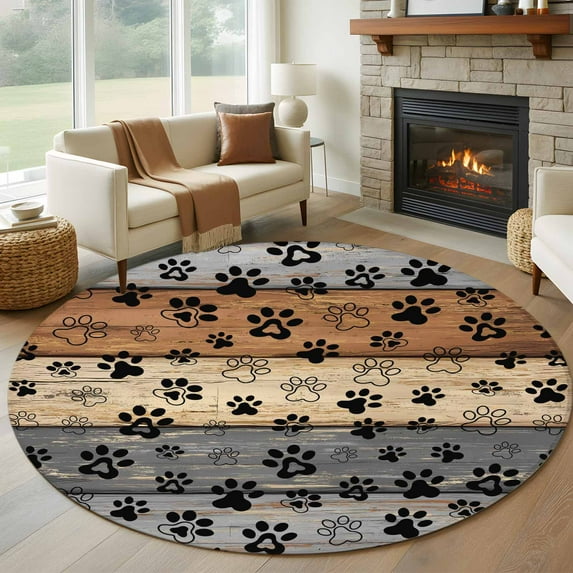 Round Area Rug 8 Ft, Haze Blue Brown Washable Non-Slip Circle Carpet for Living Room/Bedroom, Rustic Farmhouse Dog Paw Vintage Collection Low-Profile Large Area Rugs for Indoor