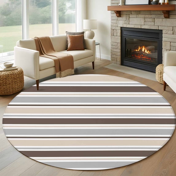 Round Area Rug 8 Ft, Khaki Grey Striped Washable Non-Slip Circle Carpet for Living Room/Bedroom, Farmhouse Stripes Modern Abstract Art Collection Low-Profile Large Area Rugs for Indoor