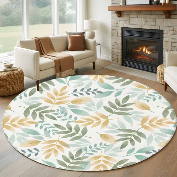 Round Area Rug 8 Ft, Leaf Washable Non-Slip Circle Carpet for Living Room/Bedroom, Retro Sage Green Multicolors Tree Branch Plant Collection Low-Profile Large Area Rugs for Indoor