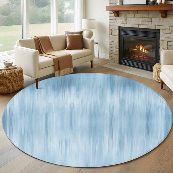 Round Area Rug 8 Ft, Light Blue Washable Non-Slip Circle Carpet for Living Room/Bedroom, Modern Abstract Art Ombre Striped Collection Low-Profile Large Area Rugs for Indoor