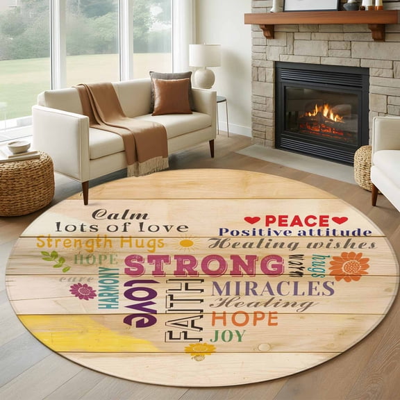 Round Area Rug 8 Ft, Love Peace Text Washable Non-Slip Circle Carpet for Living Room/Bedroom, Farmhouse Inspirational Quotes Wooden Collection Low-Profile Large Area Rugs for Indoor