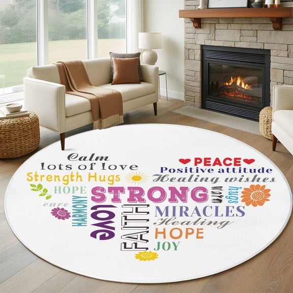 Round Area Rug 8 Ft, Love Peace Washable Non-Slip Circle Carpet for Living Room/Bedroom, Colorful Inspirational Quotes with Love Heart Collection Low-Profile Large Area Rugs for Indoor