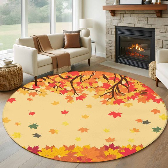Round Area Rug 8 Ft, Maple Leaf Washable Non-Slip Circle Carpet for Living Room/Bedroom, Fall Thanksgiving Autumn Leaves Retro Country Collection Low-Profile Large Area Rugs for Indoor