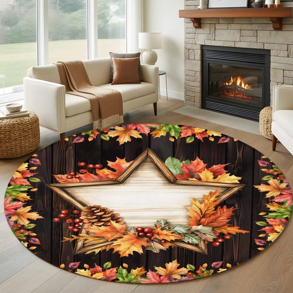 Round Area Rug 8 Ft, Maple Leaves Fall Washable Non-Slip Circle Carpet for Living Room/Bedroom, Thanksgiving Botanical Star Wooden Collection Low-Profile Large Area Rugs for Indoor
