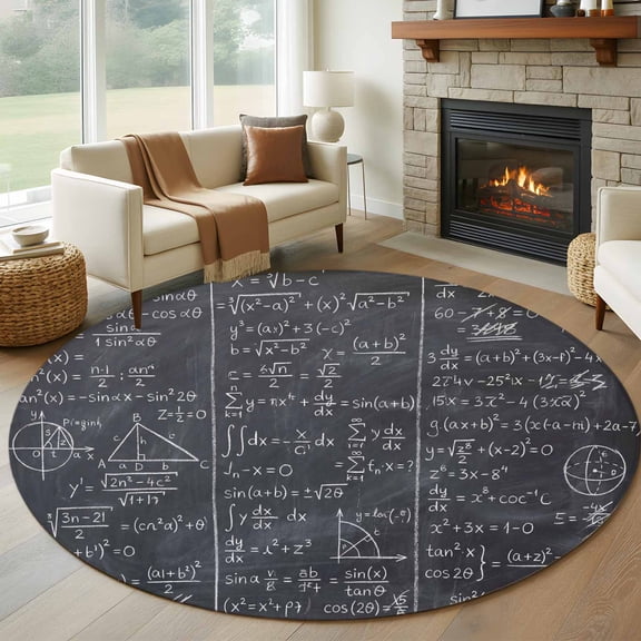 Round Area Rug 8 Ft, Mathematics Formulas Washable Non-Slip Circle Carpet for Living Room/Bedroom, Blackboard with Math Numerical Geometric Collection Low-Profile Large Area Rugs for Indoor