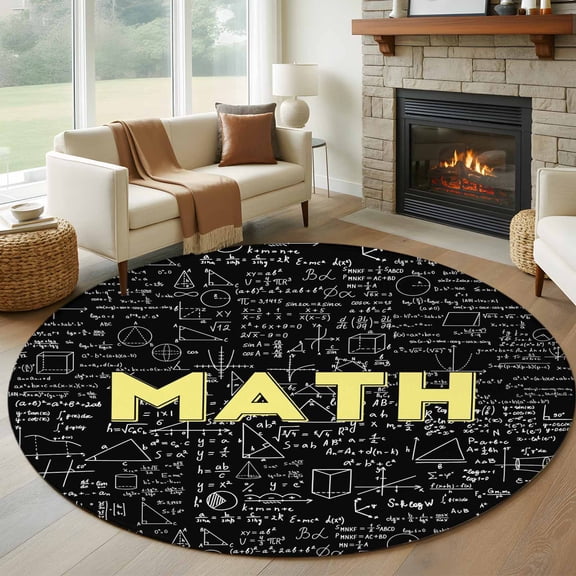 Round Area Rug 8 Ft, Mathematics Formulas Washable Non-Slip Circle Carpet for Living Room/Bedroom, Modern Abstract Art Math Geometric Collection Low-Profile Large Area Rugs for Indoor