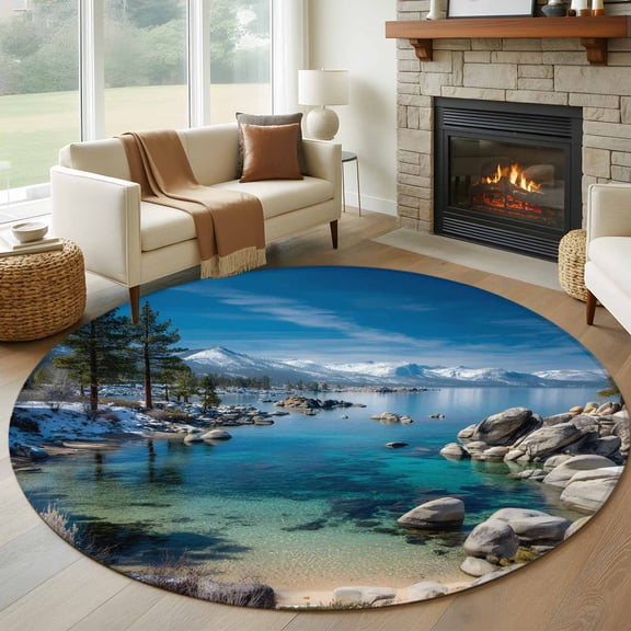 Round Area Rug 8 Ft, Nature Forest Washable Non-Slip Circle Carpet for Living Room/Bedroom, Blue Sky Mountain Stone Lake Landscape Collection Low-Profile Large Area Rugs for Indoor
