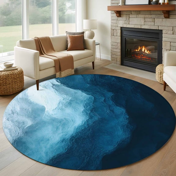 Round Area Rug 8 Ft, Navy Blue Waves Washable Non-Slip Circle Carpet for Living Room/Bedroom, Coastal Summer Beach Ocean Collection Low-Profile Large Area Rugs for Indoor
