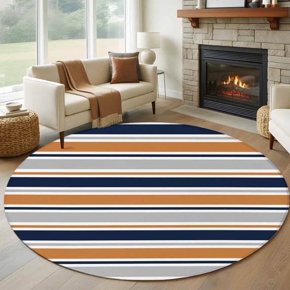 Round Area Rug 8 Ft, Orange Grey Striped Washable Non-Slip Circle Carpet for Living Room/Bedroom, Farmhouse Stripes Modern Abstract Art Collection Low-Profile Large Area Rugs for Indoor