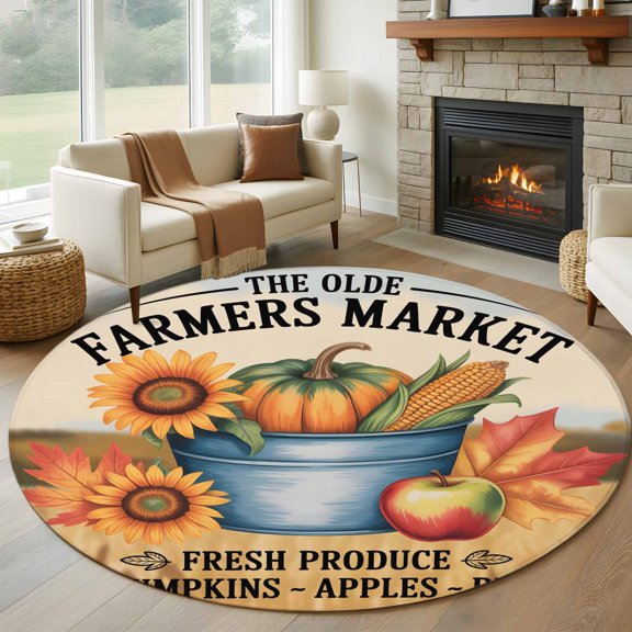 Round Area Rug 8 Ft, Orange Pumpkins Fall Washable Non-Slip Circle Carpet for Living Room/Bedroom, Thanksgiving Sunflower Maple Country Corns Collection Low-Profile Large Area Rugs for Indoor