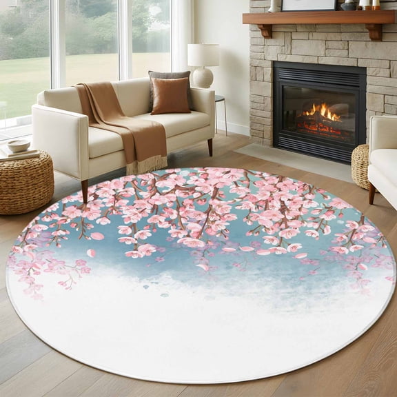 Round Area Rug 8 Ft, Pink Cherry Flower Washable Non-Slip Circle Carpet for Living Room/Bedroom, Modern Watercolor Floral Plant Ombre Collection Low-Profile Large Area Rugs for Indoor