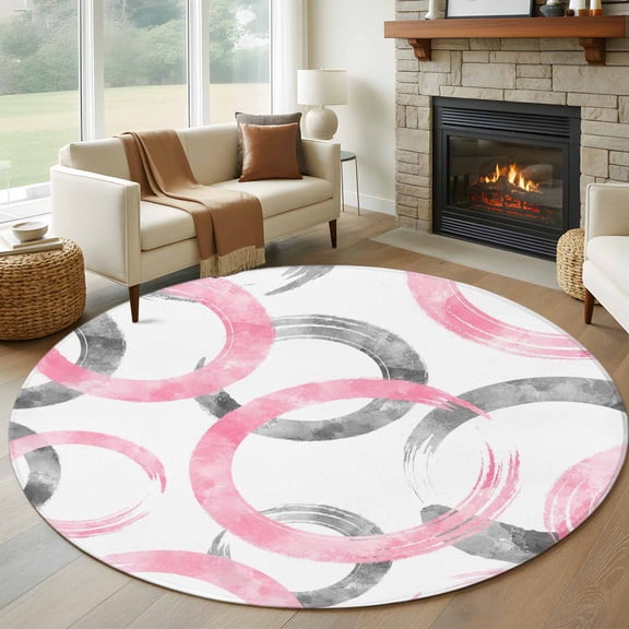 Round Area Rug 8 Ft, Pink Grey Washable Non-Slip Circle Carpet for Living Room/Bedroom, Geometric Circle Modern Abstract Simple Art Collection Low-Profile Large Area Rugs for Indoor