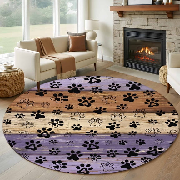 Round Area Rug 8 Ft, Purple Brown Washable Non-Slip Circle Carpet for Living Room/Bedroom, Rustic Farmhouse Dog Paw Vintage Collection Low-Profile Large Area Rugs for Indoor