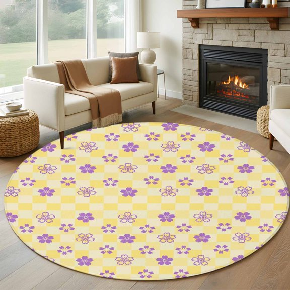 Round Area Rug 8 Ft, Purple Flowers Washable Non-Slip Circle Carpet for Living Room/Bedroom, Japanese Yellow Checkered Floral Plaid Collection Low-Profile Large Area Rugs for Indoor