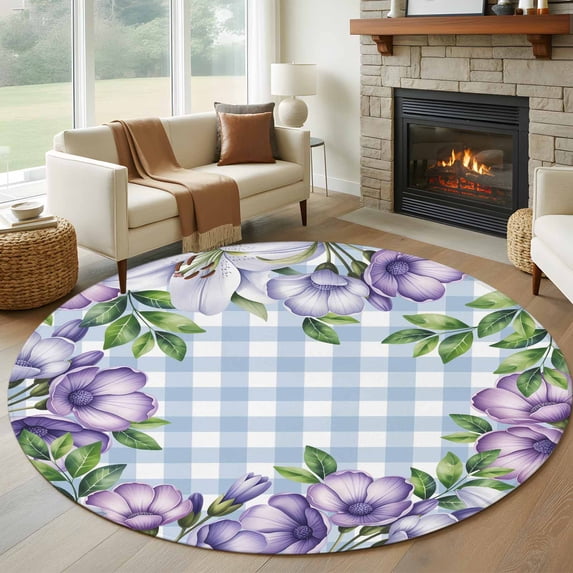 Round Area Rug 8 Ft, Purple Flowers Washable Non-Slip Circle Carpet for Living Room/Bedroom, Spring Floral Leaves Plants Blue Plaid Collection Low-Profile Large Area Rugs for Indoor