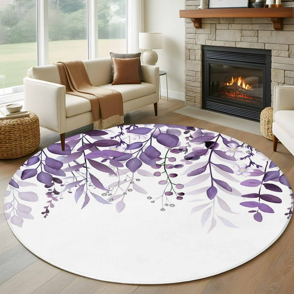 Round Area Rug 8 Ft, Purple Leaves Washable Non-Slip Circle Carpet for Living Room/Bedroom, Summer Botanical Collection Low-Profile Large Area Rugs for Indoor