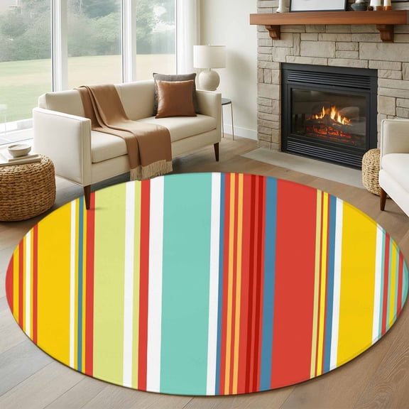 Round Area Rug 8 Ft, Red Aqua Stripe Washable Non-Slip Circle Carpet for Living Room/Bedroom, Country Abstract Art Colorful Striped Collection Low-Profile Large Area Rugs for Indoor