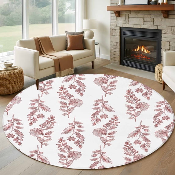 Round Area Rug 8 Ft, Red Botanical Washable Non-Slip Circle Carpet for Living Room/Bedroom, Pastoral Elegant Spring Floral Collection Low-Profile Large Area Rugs for Indoor