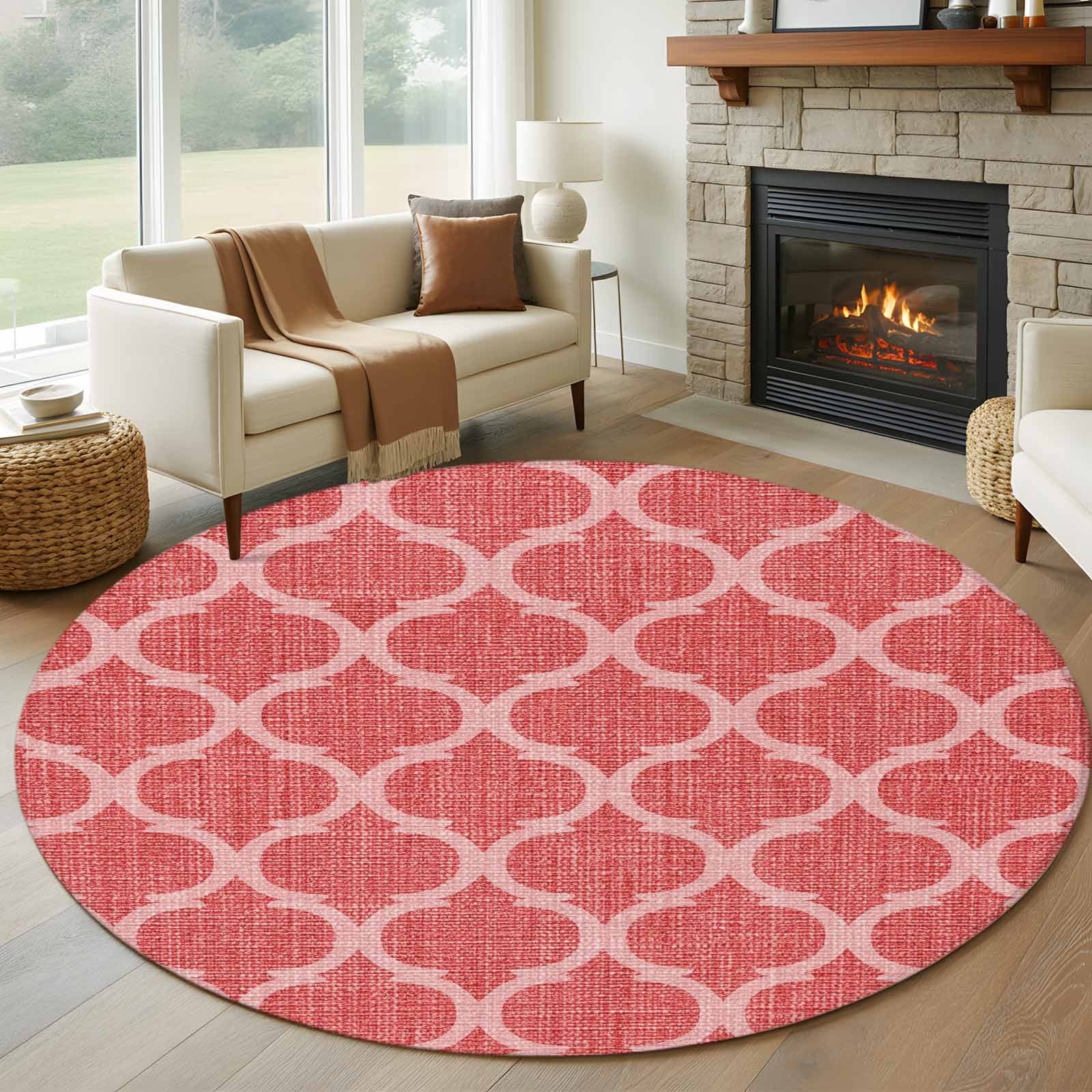 Round Area Rug 8 Ft, Red Moroccan Washable Non-Slip Circle Carpet
