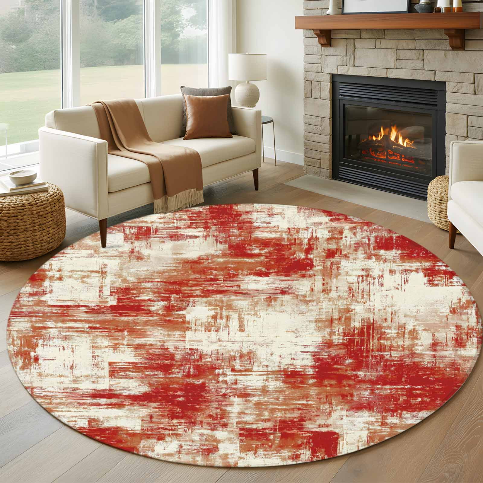 Round Area Rug 8 Ft, Red Ombre Washable Non-Slip Circle Carpet for Living Room/Bedroom, Gradient Abstract Art Vintage Collection Low-Profile Large Area Rugs for Indoor