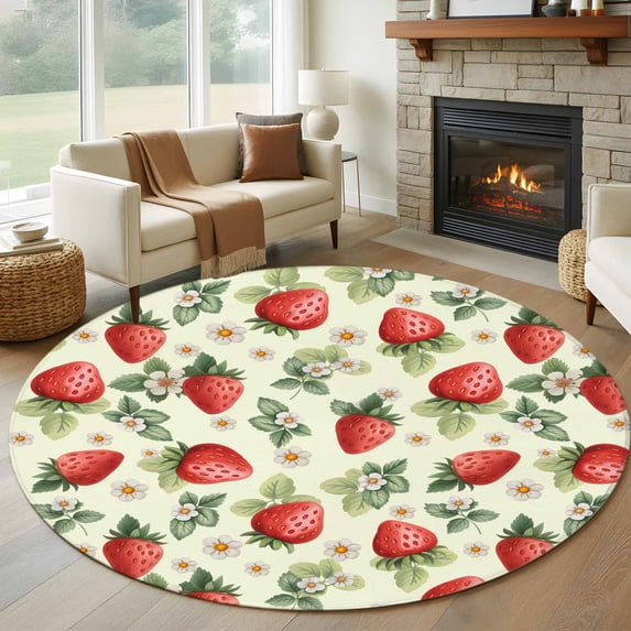 Round Area Rug 8 Ft, Red Strawberry Washable Non-Slip Circle Carpet for Living Room/Bedroom, Summer Fruits Farmhouse Leaves Flower Pastoral Collection Low-Profile Large Area Rugs for Indoor