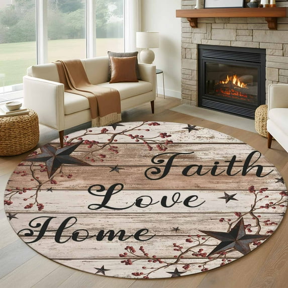 Round Area Rug 8 Ft, Rustic Star Brown Washable Non-Slip Circle Carpet for Living Room/Bedroom, Vintage Plants Berry Wooden Grain Collection Low-Profile Large Area Rugs for Indoor