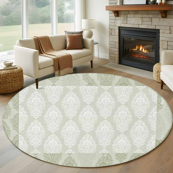 Round Area Rug 8 Ft, Sage Green Washable Non-Slip Circle Carpet for Living Room/Bedroom, Vintage Elegant Abstract Art Collection Low-Profile Large Area Rugs for Indoor