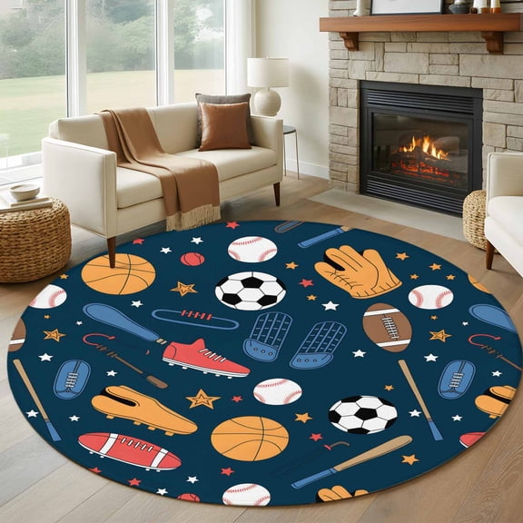 Round Area Rug 8 Ft, Sports Theme Washable Non-Slip Circle Carpet for Living Room/Bedroom, Cartoon Soccer Baseball Basketball Star Blue Collection Low-Profile Large Area Rugs for Indoor