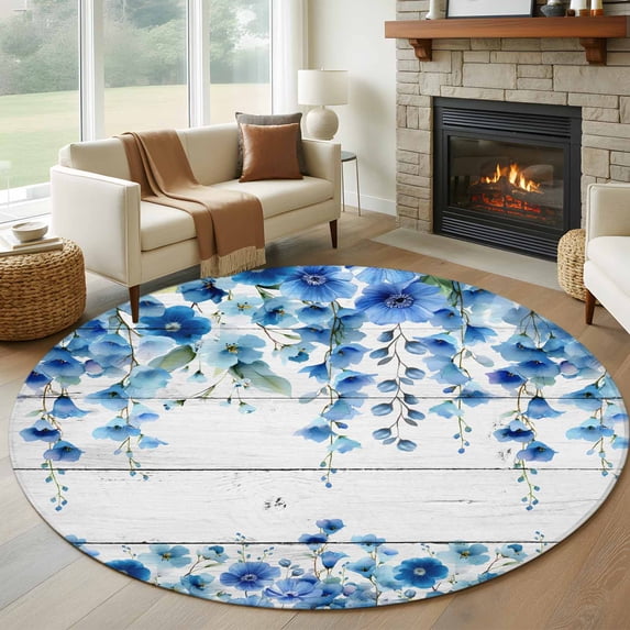 Round Area Rug 8 Ft, Spring Blue Floral Washable Non-Slip Circle Carpet for Living Room/Bedroom, Farmhouse Weeping Floral Leaves Wood Collection Low-Profile Large Area Rugs for Indoor