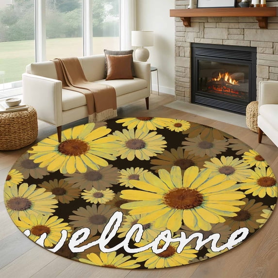 Round Area Rug 8 Ft, Spring Daisy Washable Non-Slip Circle Carpet for Living Room/Bedroom, Botanical Brown Yellow Flowers Oil Painting Collection Low-Profile Large Area Rugs for Indoor