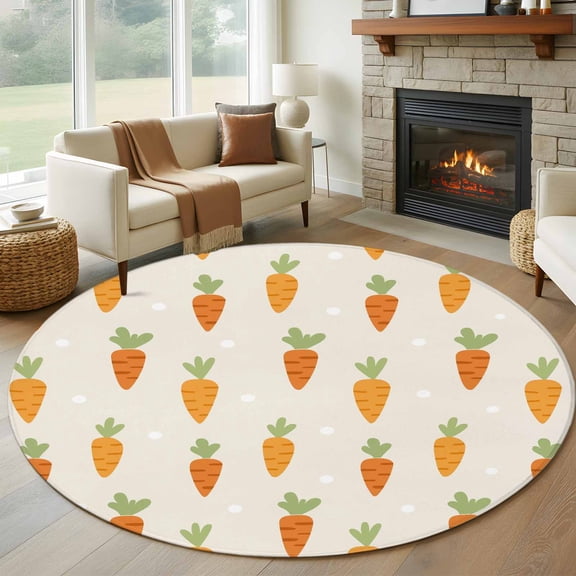 Round Area Rug 8 Ft, Spring Easter Washable Non-Slip Circle Carpet for Living Room/Bedroom, Watercolor Cute Carrots Vegetables Beige Collection Low-Profile Large Area Rugs for Indoor