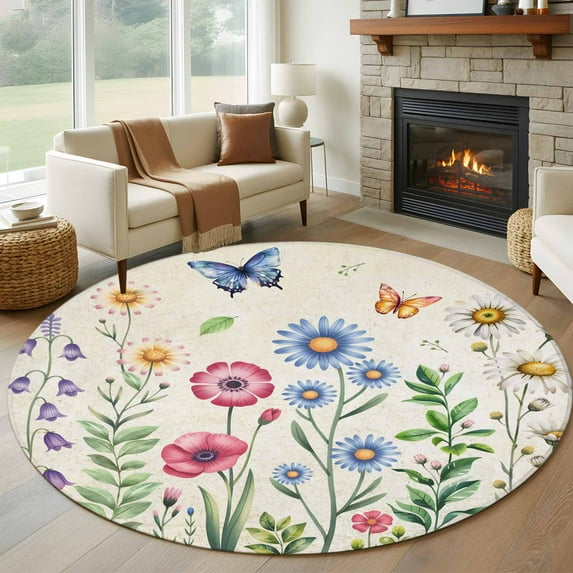 Round Area Rug 8 Ft, Spring Floral Washable Non-Slip Circle Carpet for Living Room/Bedroom, Pink Blue Flowers Butterfly Farmhouse Collection Low-Profile Large Area Rugs for Indoor