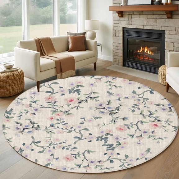 Round Area Rug 8 Ft, Spring Flowers Washable Non-Slip Circle Carpet for Living Room/Bedroom, Blue Pink Floral Leaves Farmhouse Vintage Plants Collection Low-Profile Large Area Rugs for Indoor