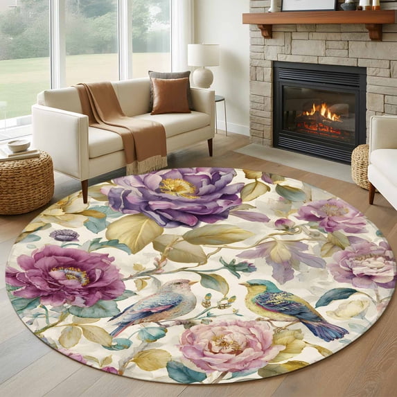 Round Area Rug 8 Ft, Spring Flowers Washable Non-Slip Circle Carpet for Living Room/Bedroom, Farmhouse Botanical Blossom Floral Birds Collection Low-Profile Large Area Rugs for Indoor
