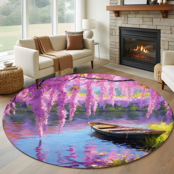 Round Area Rug 8 Ft, Spring Flowers Washable Non-Slip Circle Carpet for Living Room/Bedroom, Purple Vine Lake Boat Grass Vintage Oil Painting Collection Low-Profile Large Area Rugs for Indoor
