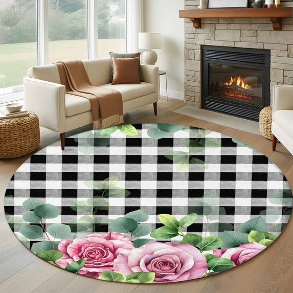 Round Area Rug 8 Ft, Spring Pink Roses Washable Non-Slip Circle Carpet for Living Room/Bedroom, Pastoral Eucalyptus Black White Plaid Collection Low-Profile Large Area Rugs for Indoor