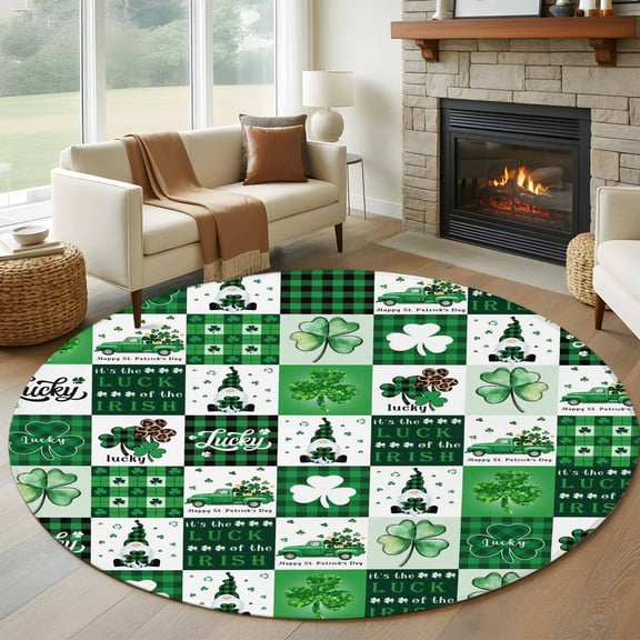 Round Area Rug 8 Ft, St. Patrick's Day Washable Non-Slip Circle Carpet for Living Room/Bedroom, Green Checked Luck Leaves Gnomes Collection Low-Profile Large Area Rugs for Indoor